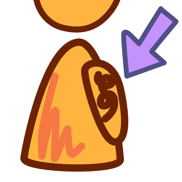 a yellow figure with a dark squiggly line on its the arm, there’s a purple arrow pointing to it. 